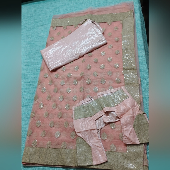 Light Pink Embellished Sequin Net Saree with stitched Blouse and Petticoat - Picture 11 of 12